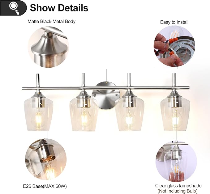 Bathroom Light Fixtures 4-Light Brushed Nickel Bathroom Vanity Light with Clear Glass Shade, Modern Wall Lights for Bedroom Hallway Living Room (Nickel, 4-Light)