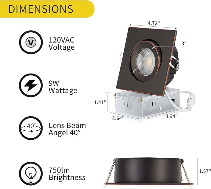 KnLnny Ware Oil Rubbed Bronze Gimbal Recessed Lighting 4 inch 6 Pack,Suare Canless Recessed Lights with Junction Box,dimmable, 5CCT Selectable,9W 750LM