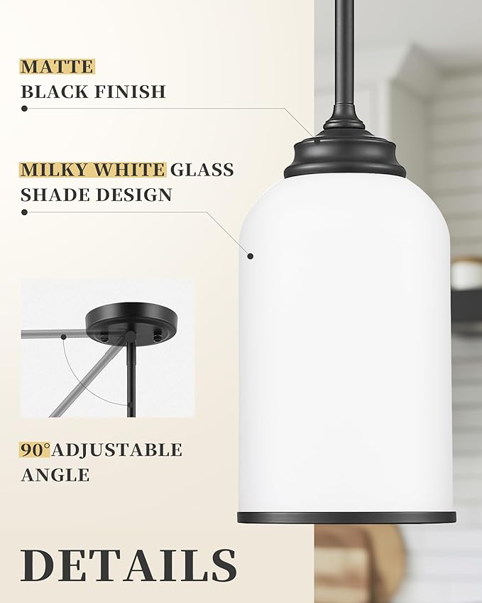 LIROUVET 2 Pack Pendant Lights Kitchen Island, Modern Pendant Lights, Black Hanging Lamp with Milk Glass, Industrial Pendant Light Fixtures for Dining Room PL02 MGBK-2PK