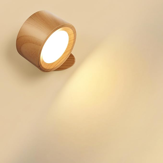 LED Wall Mounted Lamps, Battery Operated Rechargeable Wall Lights, 3CCT & Dimmable, 360°Rotation with Magnetic Ball, Cordless Wall Sconces for Picture Bedside Bedroom Reading, Wood-1 Pack