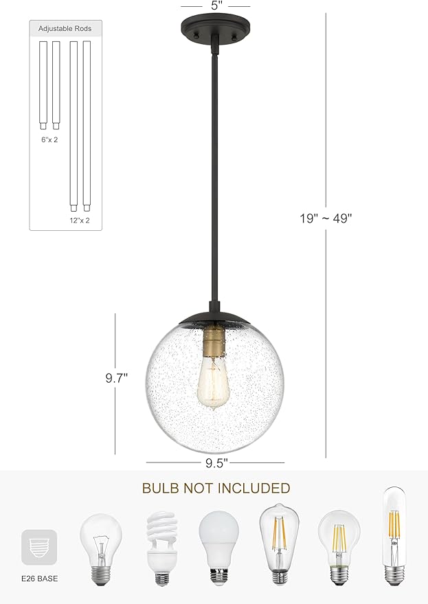 Tawson Globe Pendant Lighting, Black and Gold Pendant Light for Kitchen Island, 9.5 inch Seeded Globe Glass Shade for Kitchen, Hallway, Entryway, Dining Room, Bedroom, Living Room