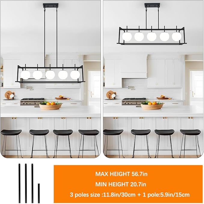 DSMJFU Black Farmhouse Rectangular Chandelier for Dining Room, 5-Light Linear Pendant Lighting, Rectangular Kitchen Island Light with Milky White Glass Ball Shades, Adjustable Height Hanging Lighting