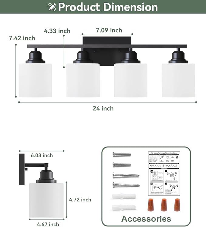 Sailstar Vanity Light Fixtures, Matte Black, Over Mirror, Modern Bathroom Light, Anti-Rust Nickel Finished, 4-Light, E26 Standard Sockets, Easy Installation, 24 Months Replacement