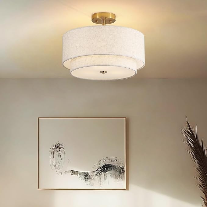 16" Semi Flush Mount Ceiling Light Fixture, 3-Light Black Flush Mount Ceiling Light with Double Drum Fabric Shades for Dining Room Bedroom Kitchen Hallway Living Room, E26 Socket