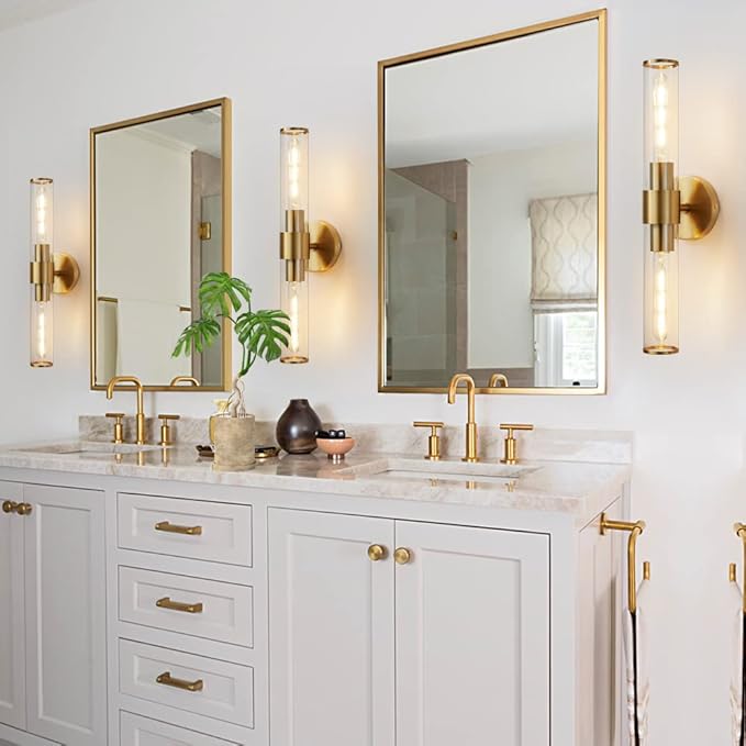 Gold Wall Sconce, Bathroom Light Fixtures in Clear Glass Indoor Wall Sconces, Modern Sconce Wall Lighting Up and Down Vanity Lights Fixtures for Bathroom,Living Room - Bulb Not Included