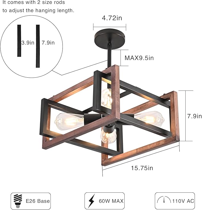 HuisMier 4-Light Farmhouse Ceiling Light Fixtures, Rustic Wood and Metal Semi Flush Mount Ceiling Light Black Industrial Chandelier for Dining Room Hallway Kitchen Entryway Bedroom Living Room