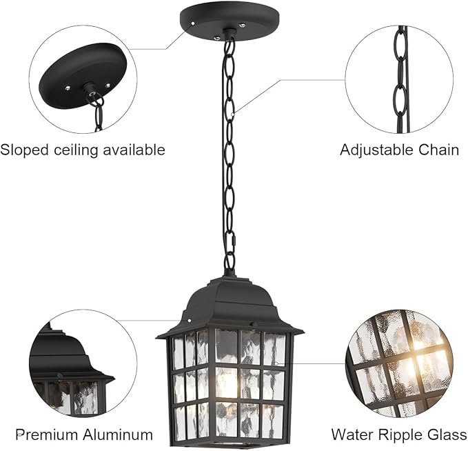 Outdoor Pendant Light, Exterior Ceiling Hanging Lantern Porch Light with Water Glass, Outdoor Hanging Lantern Light Black Exterior Pendant Lighting Fixture for Porch, Yard, Gazebo