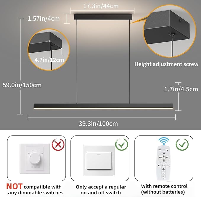 Modern Ceiling Pendant Lights,39in LED Black Linear Chandelier with Remote Control 3000k-6000K Adjustable Color Temperature,Island Lighting Hanging Light for Kitchen,Dining Room,Living Room