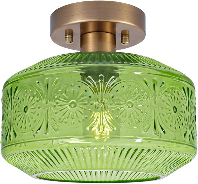 Semi Flush Mount Ceiling Light, Vintage Small Ceiling Light Fixture, Thickened Glass Hallway Light Fixture, Brass Kitchen Ceiling Mount Lamp with Green Glass for Entry Way, Bedroom, Bathroom, Porch