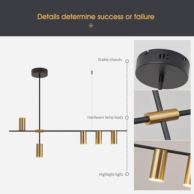 Siittoo Modern Kitchen Island Light with Remote, Dimmable LED Linear Pendant Light, 39.3" Black Gold Dining Room Light Fixture Over Table (30W, 5-Light)