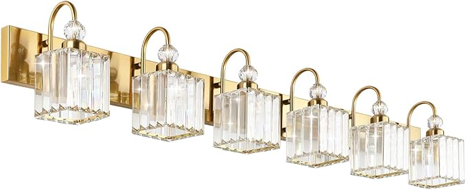 Ralbay Modern Gold Vanity Lights - 6-Light Gold Crystal Bathroom Vanity Lights Over Long Mirror