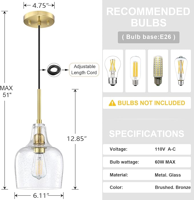 3 Pack 1 Light Indoor Hanging Kitchen Island Pendant Ceiling Light 6.1" Clear Seeded Glass Fixture,Brushed Bronze Finish for Farmhouse Over Sink Bedroom Hallway