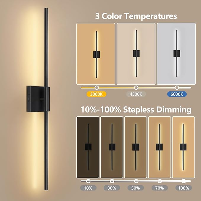 Battery Operated Wall Sconces Set of Two - Wireless Rechargeable Wall Light with Remote - Black LED Wall Lamp Dimmable Modern Home Decor for Bedroom Living Room 31.5 Inch (2 Pack)
