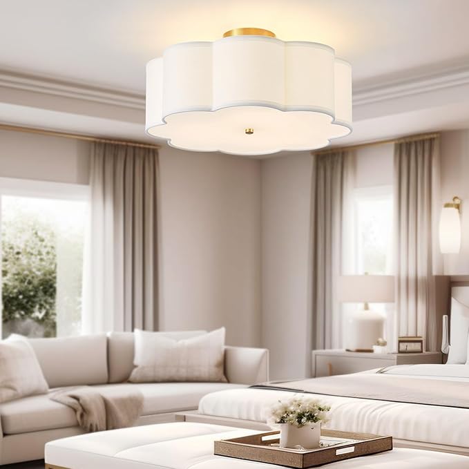 17.7" Semi Flush Mount Ceiling Light Fixture, 3-Light Modern Close to Ceiling Light with Fabric Flower-Shaped Shade, Light Fixtures Ceiling Mount for Bedroom Nursery(Gold)