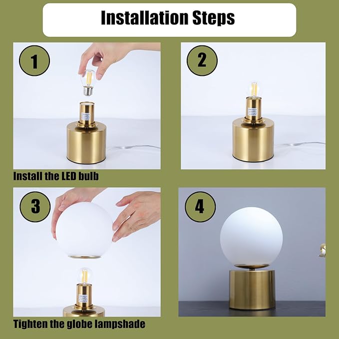 9.3 Ins Modern Gold Globe Table Lamp, Round Bedside Nightstand Lamp with White Glass Shade Metal Base Desk Lamp for Bedroom Bedside Lamp Living Room End Table