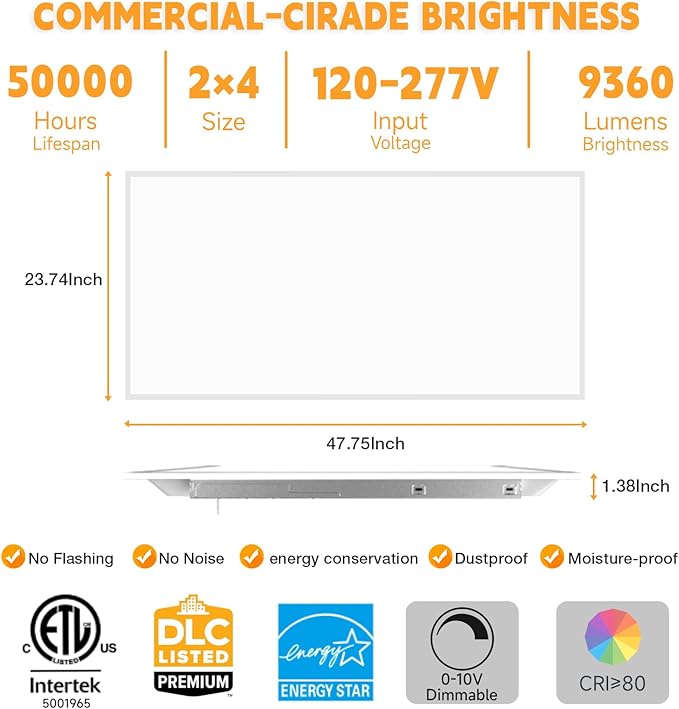 OKQ 2x4 LED Flat Panel Light Drop Ceiling Office Fixture, 5 CCT 3000K-6500K Adjustable & 5 Wattage Selectable,0-10V Dimmable, 2X4 LED Flush Mount Ceiling Light, ETL Listed 20Pack