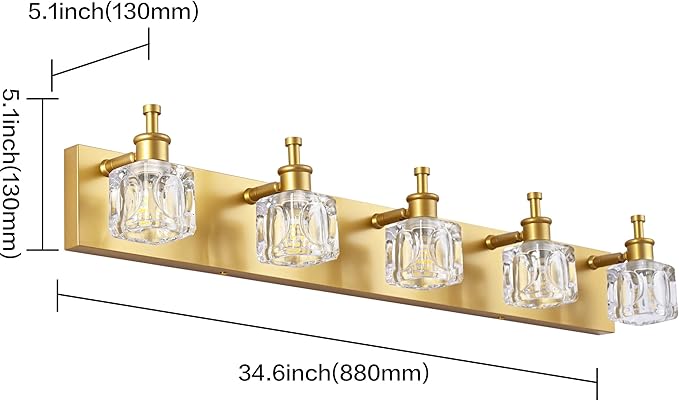 PRESDE Modern Crystal Vanity Light for Bathroom Gold 5 Light Bathroom Wall Light Fixtures Over Mirror
