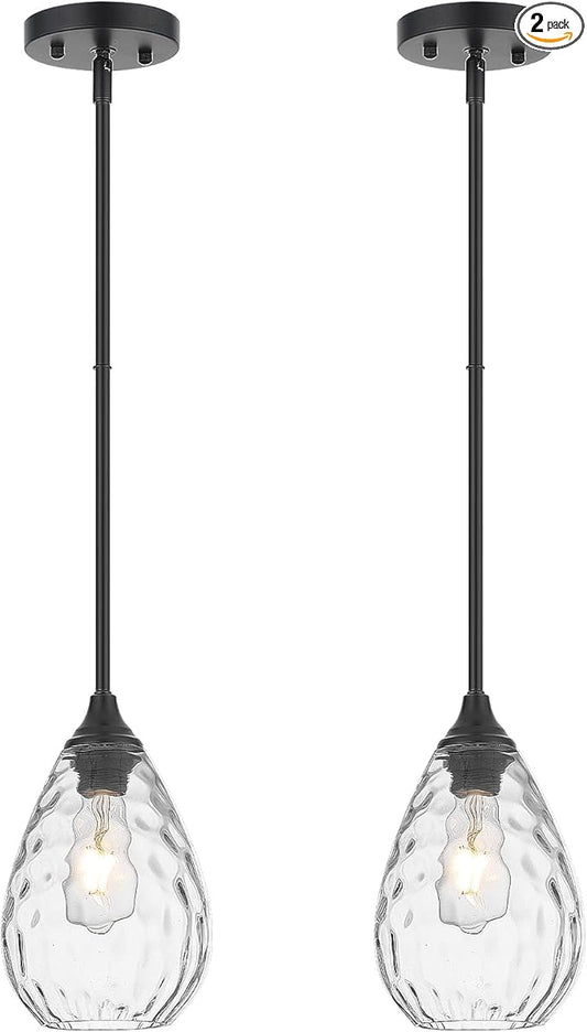 Black Pendant Lights Kitchen Island 2 Pack, Modern Glass Pendant Light Fixtures with Hammered Glass and Rods, Adjustable Small Hanging Light for Kitchen Sink Dining Room Bathroom