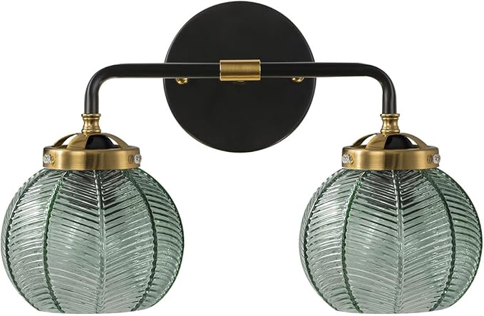 2 Light Black Bathroom Vanity Light Vintage Wall Sconce Glass Wall Sconce Light Wall lamp with Ribbed Green Glass Shade mid Century Bathroom Vanity Light Over Mirror for Bedroom Hallway Living Room