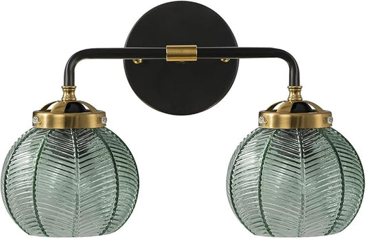 2 Light Black Bathroom Vanity Light Vintage Wall Sconce Glass Wall Sconce Light Wall lamp with Ribbed Green Glass Shade mid Century Bathroom Vanity Light Over Mirror for Bedroom Hallway Living Room