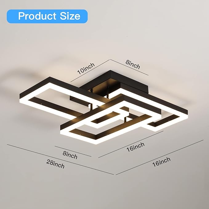 Modern LED Ceiling Light, Black Square LED Flush Mount Ceiling Light, APP and Remote Control Dimming 3000K-6500K for Dining Room, Living Room, Kitchen, Bedroom, Office