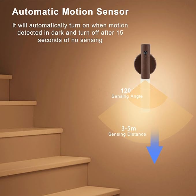 LANDGOO LED Motion Sensor Lights, Set of 2 Battery Operated Stick on Wall Sconces, Rechargeable Lighting for Hallway Stairway, Magnetic 360° Rotation for Indoor Lamps (Black Walnut Wood 2PCS)