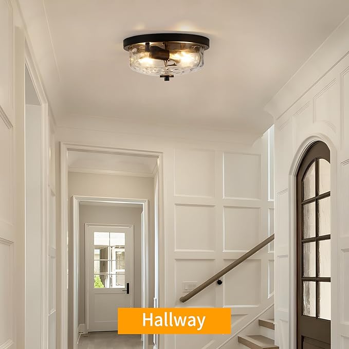 Black Flush Mount Ceiling Light, Farmhouse Hallway Light Fixtures with Water Ripple Glass Shade 2-Light Outdoor Flush Mount Lights for Porch Ceiling, Kitchen, Foyer, Entryway, Dining Room