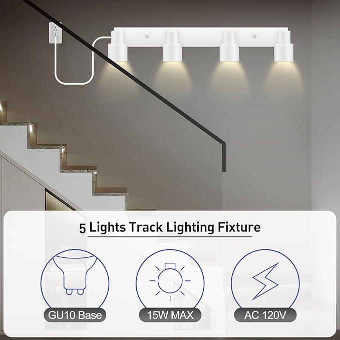 Plug in Track Lighting, 23" LED Track Light Fixtures Ceiling, White 4 Way Spotlight, Rotatable Light Head, Plug in Ceiling Light with Power Cord, Plug Wall Light for Kitchen Hallway Bar(GU10, NO Bulb)