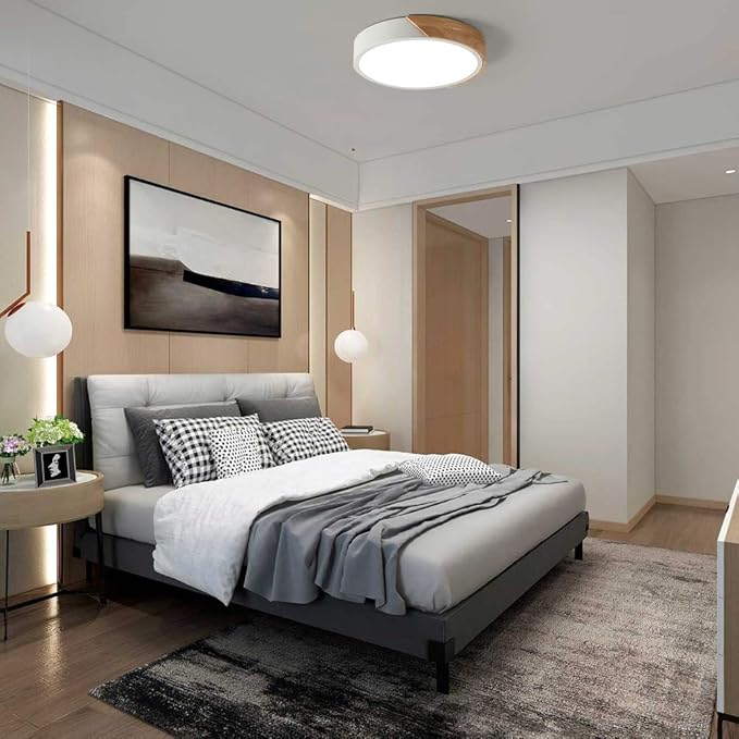 Modern LED Ceiling Light, Flush Mount, Round Wood, 30W, 2400 Lumens, Cool White, 11.8in, for Home Office, Bedroom, Living Room, Kitchen, Hallway
