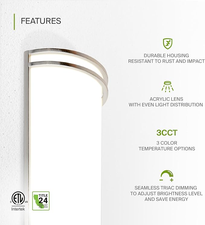 ASD LED Indoor Wall Mount Light Fixture - 18 Inch 25W Modern Interior Nickel Dimmable Wall Sconce Light - ETL 3000K 4000K 5000K Adjustable - Hallway, Bedroom LED Wall Lights
