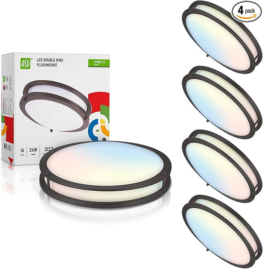 ASD LED 16" Round Flush Mount Lighting, Close to Ceiling Light Fixture | 3CCT, Dimmable, Energy Star, ETL Listed | 24W 1854LM 3000-5000K 120V | Low Profile Double Ring Lamp | Black, 4 Pack