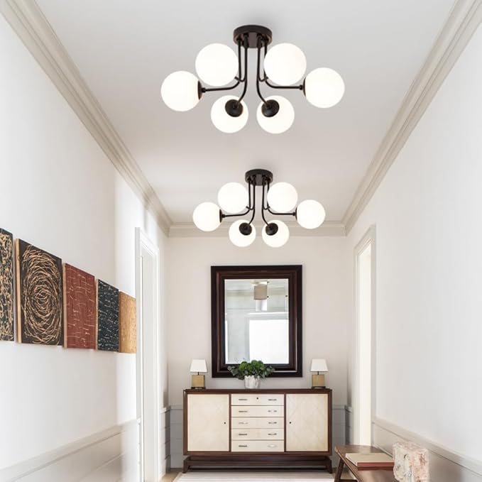 Modern Semi Flush Mount Ceiling Light,Black White Glass Shade Semi Ceiling Light 6-Light,Sputnik Chandeliers for Bedroom Living Room Hallway Dining Room Lighting Fixture