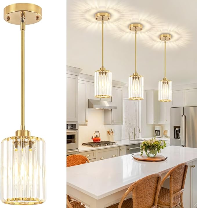 3 Pack Brushed Brass Pendant Lights Kitchen Island, Modern Crystal Pendant Lighting Over Island Kitchen Hanging Light Fixtures Adjustable Pendant Light for Dining Room Bathroom Entryway Hallway Foyer