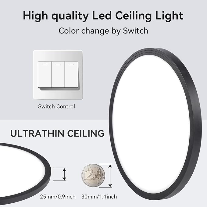 8Pack 12 Inch 3200LM Flush Mount LED Ceiling Lights,Black 28W Slim Ceiling Light Fixture Round Day White 6000K Thin Round Flat Ceiling Light 120V Surface LED Ceiling Light 300W Equivalent