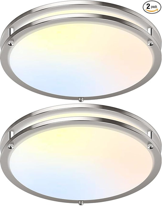 16 Inch 50W LED Ceiling Lights, Dimmable Brushed Nickel Flush Mount Ceiling Light, 2700K/3000K/4000K/5000K/6500K Adjustable, 5400LM Super Bright Ceiling Lamp for Bedroom Kitchen Office, 2-Pack