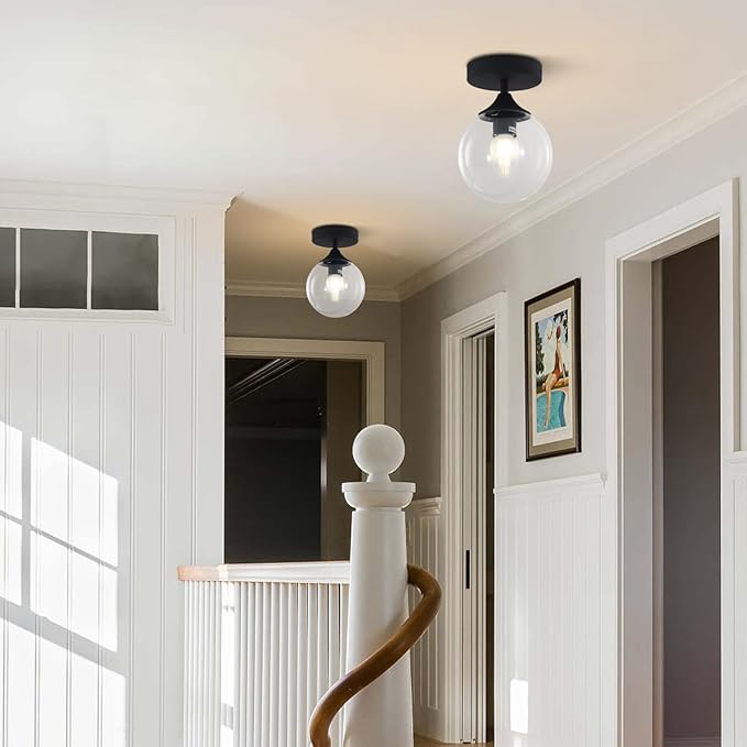KCO Lighting 1-Light Small Clear Glass Globe Flush Mount Ceiling Light Industrial Matte Black Semi Kitchen Semi Flush Mount Ceiling Light Mid Century Hallway Ceiling Light Fixture