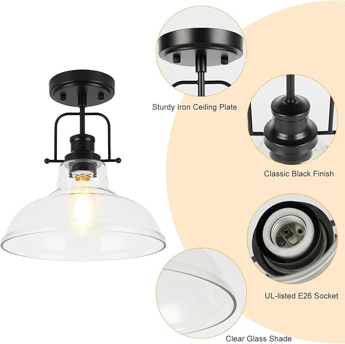 WILON Semi Flush Mount Ceiling Light Fixture, Black Farmhouse Light Fixtures with Clear Glass Shade, Modern Vintage Ceiling Lamp for Kitchen Sink Foyer Bathroom Entryway Hall Laundry Room Hallway