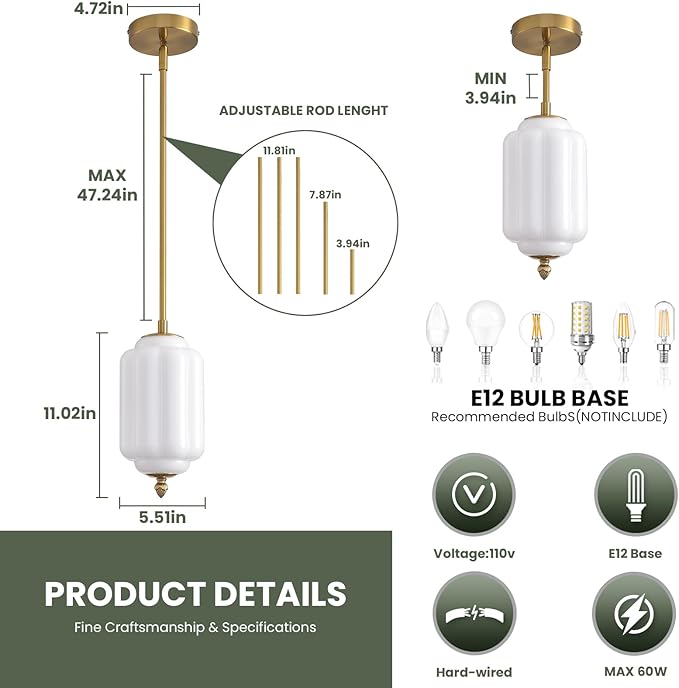 Vintage Milk Glass Pendant Lights 5.5 Inch Mid Century Brass Hanging Ceiling Light, Small Adjustable Height Kitchen Island Hanging Lights for Dining Room, Kitchen, Hallway and Bedroom, E12 Base