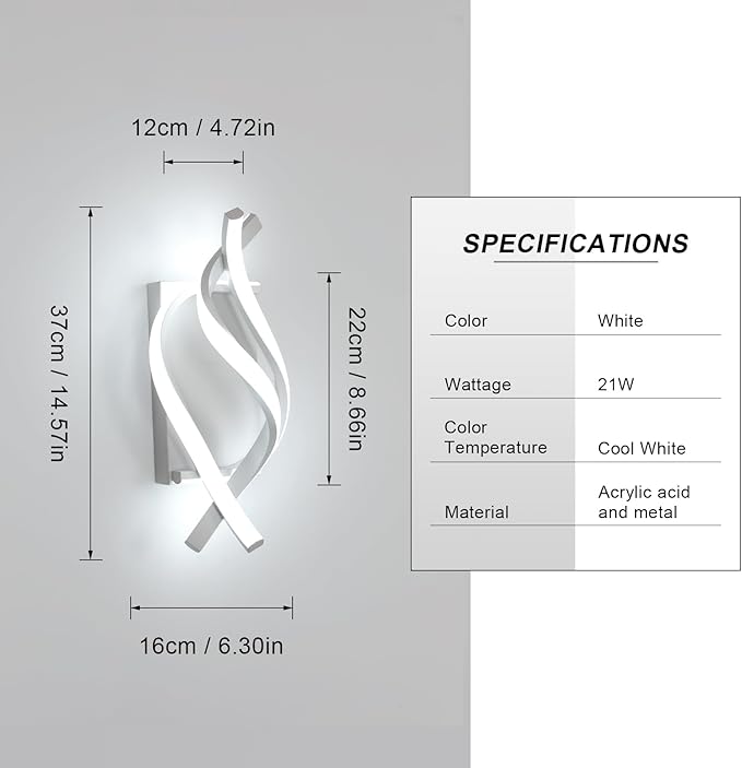 DELIPOP Wall Sconces, Modern Wall Sconce, 6500K Cool White Indoor Wall Light, Acrylic LED Wall Lights for Bedroom, Bathroom, Living Room, Hallway, Balcony (White)