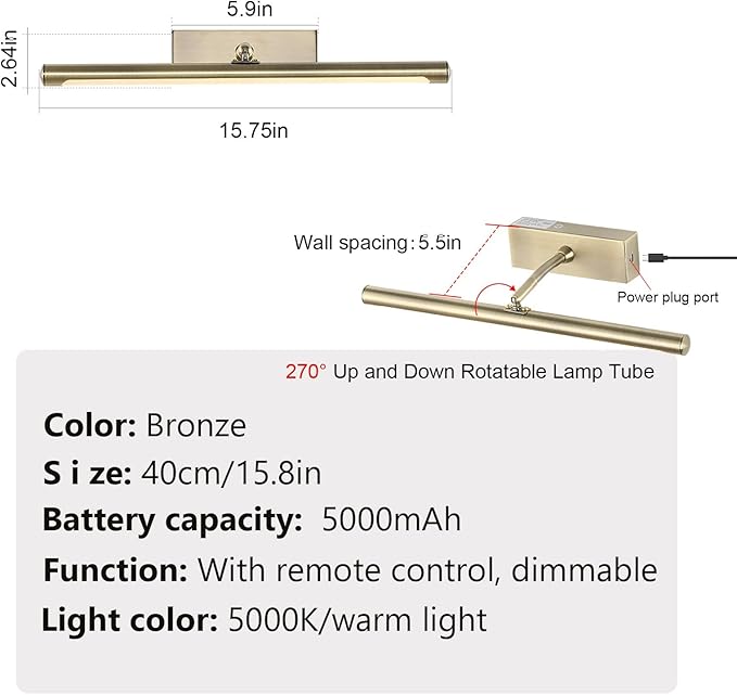 Picture Light for Wall Battery Operated, 16" Rechargeable Art Light with Remote and Timer for Painting, 3 Color Temps, Wireless Wall Light for Display, Artwork, Portrait, Gallery, Bronze