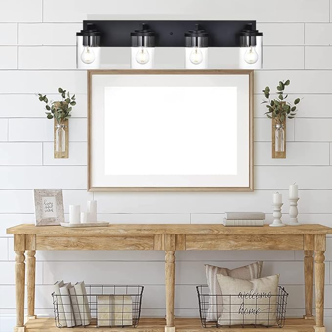BONLICHT Modern Wall Bathroom Vanity Light Fixture 4 Light Black Metal with Clear Glass Shade,Industrial Vintage Farmhouse Wall Mount Lighting Sconce Bath Lighting Over Mirror for Kitchen Hallway