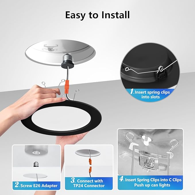 LVWIT 6 inch Black LED Recessed Lighting, Slim Can Lights, 9W=120W,1000LM, 5CCT Color Selectable, Dimmable Downlight with E26 Conversion Kit, 12Pack,IC Rated
