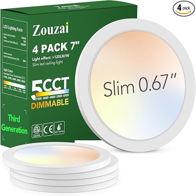 zouzai 7 Inch LED Flush Mount Ceiling Light, Low Profile, 15W 1510LM, 5CCT Selectable 2700K‑6000K, Dimmable, ETL Listed, Round Fixture for Bedroom, Bathroom, Kitchen, Hallway, (White,4 Pack)