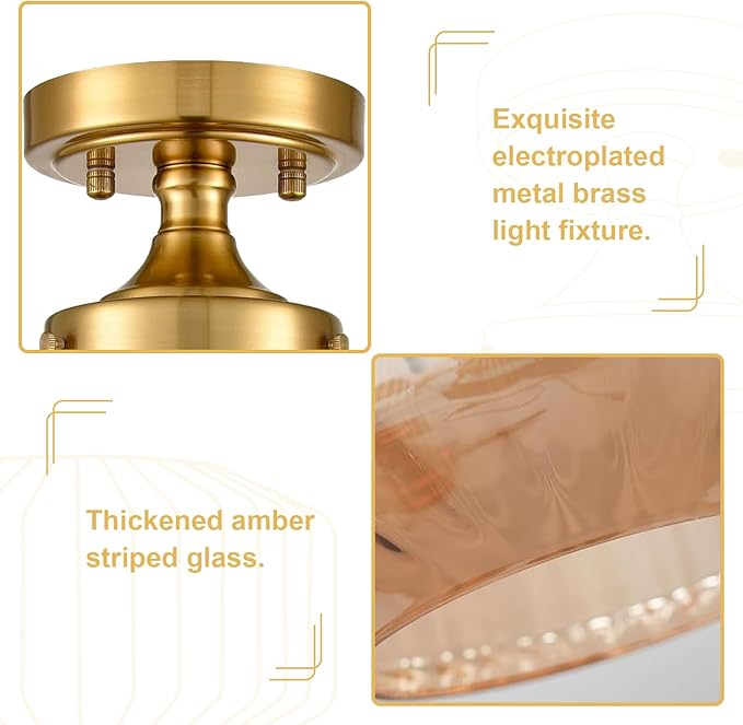 Flush Mount Light Fixture 11.02" Farmhouse 1 Light Ceiling Fixture with Amber Striped Hand Blown Glass Shade, E26 Base for Kitchen, Dining Room, Hallway