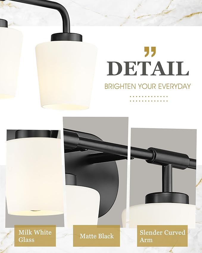 Bathroom Light Fixtures Over Mirror, 5-Light Matte Black Vanity Lighting Fixtures with Milk White Glass, 38inch Farmhouse Wall Sconces Lighting, AD-22004-5W-BK
