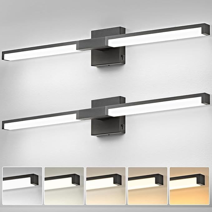 OKELI Modern Bathroom Light Fixtures Over Mirror, 32 Inch Matte Black Vanity Light Bar for Bathroom, 16W 5CCT Diammable Wall Light - 2Pack