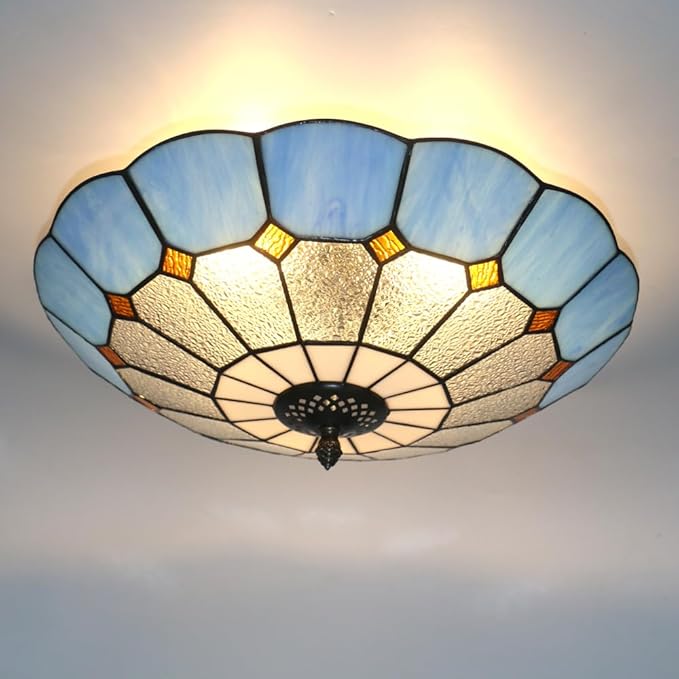 Tiffany Style Ceiling Light 16 Inch 3-Lights Stained Glass Flush Mount Ceiling Light for Bedroom Dining Room Living Room