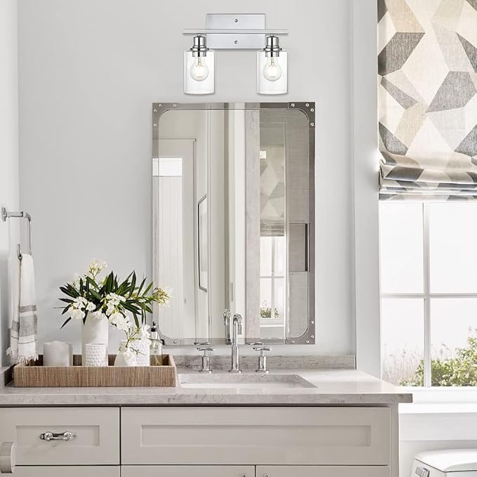 VINLUZ Bathroom Light Fixtures in Chrome Finish,2 Light Industrial Indoor Wall Sconce with Clear Glass Shade Metal Vanity Lighting Over Mirror Bulb Not Included