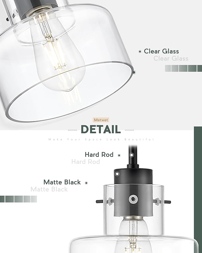 Matte Black Pendant Lights Kitchen Island, 6" Pendant Light Fixtures Over Island with Clear Glass Shade, Modern Kitchen Island Lighting for Dining Room Entryway, PL124-MB-G-1PK