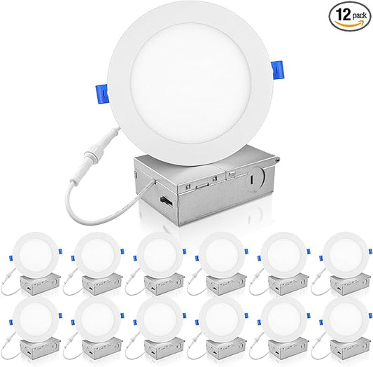 ECOELER 6 Inch LED Recessed Ceiling Lights, Smooth Trim Canless Downlight, 12W 1100Lm, 3000K Warm White, Dimmable LED Panel with JBox, ETL & FCC, 12 Pack